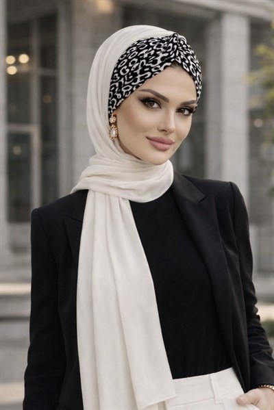 Ekru Leopar Desenli Burgu Hazır Şal
