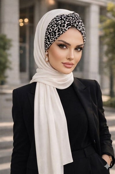 Ekru Leopar Desenli Burgu Hazır Şal