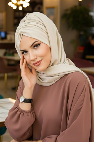 Ekru Simli Kelebek Büzgülü Bantlı Bone Şal