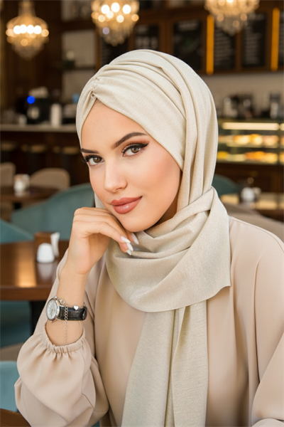 Ekru Simli Kelebek Büzgülü Bantlı Bone Şal