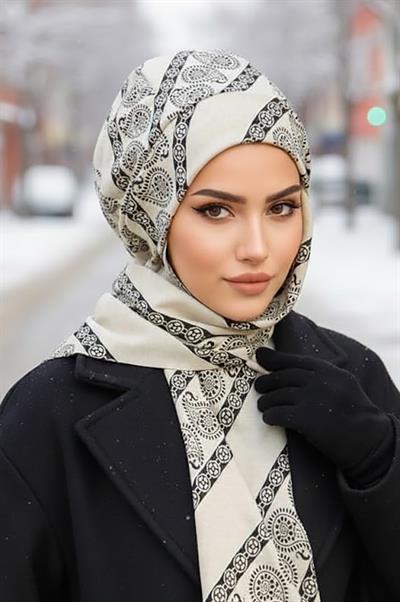 Ekru Siyah Etnik Tesettür Bere