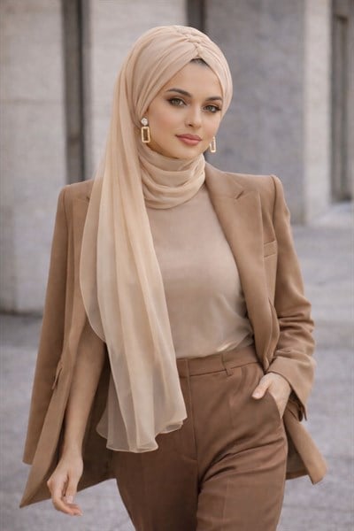 Ekru Tül Hazır Burgu Hazır Şal