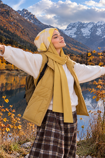 Tereyağı Sarısı Çiçek Desenli Şallı Salaş Bere – Spor Tesettür Bere