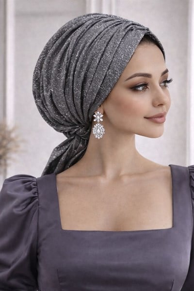 Füme Işıltılı Abiye Tokalı Bone