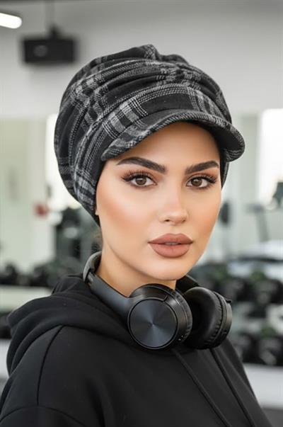 Füme Siyah Ekose Desen Tesettür Şapka