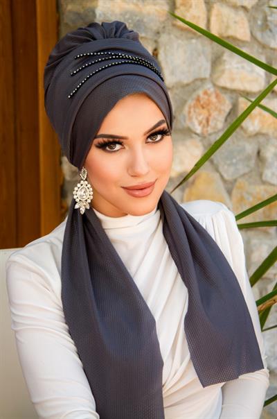 Füme Taşlı Atkılı Abiye Bone