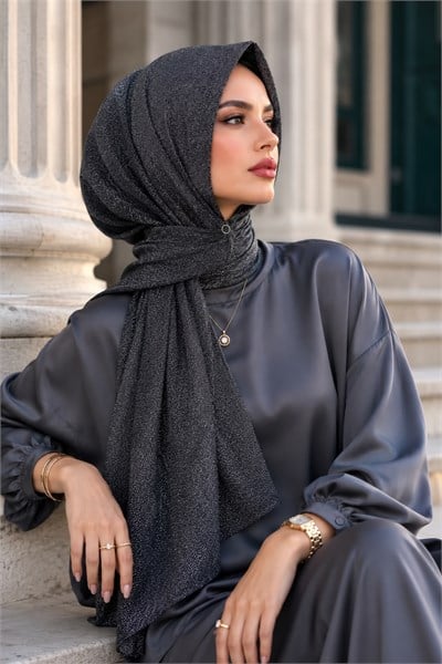 Antrasit Işıltılı Abiye Şal / Çıtçıtlı Şal 2 metre şal Boyu / Hazır Eşarp Şal