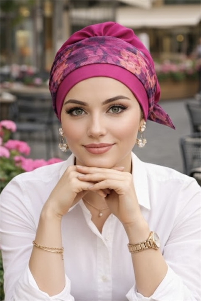 Fuşya Çiçek Desen Bantlı Bone