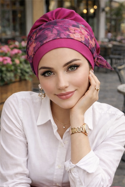 Fuşya Çiçek Desen Bantlı Bone