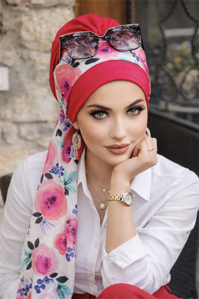 Fuşya Çiçek Desen Fularlı Bone