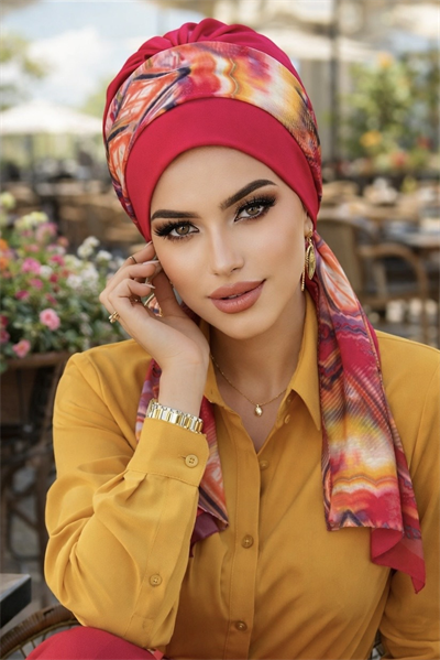 Fuşya Retro Desen Fularlı Bone