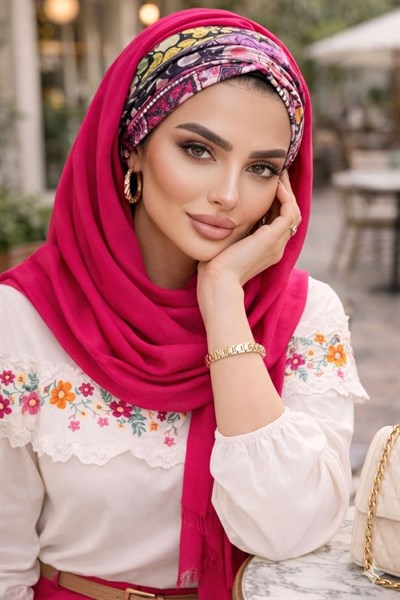 Fuşya Retro Desenli Büzgülü Hazır Şal