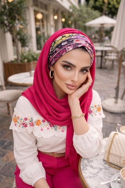 Fuşya Retro Desenli Büzgülü Hazır Şal