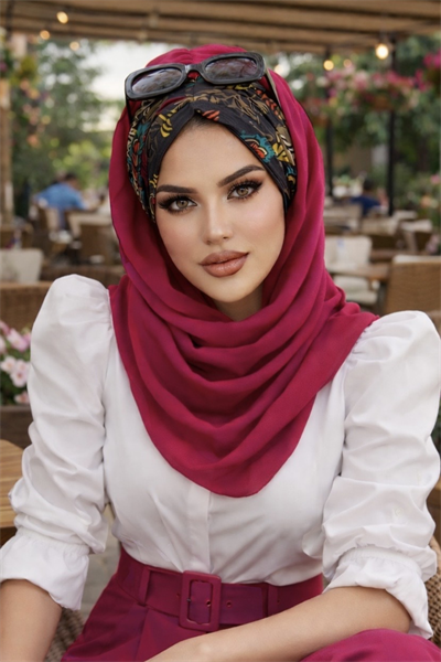 Fuşya Siyah Çiçek Desen Hazır Şal
