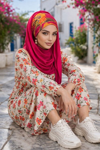 Fuşya Turuncu Çiçek Bandana Hazır Şal