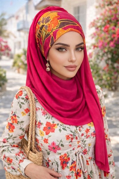 Fuşya Turuncu Çiçek Bandana Hazır Şal