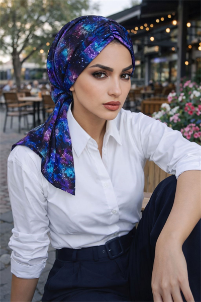 Gezegen Desenli Büzgülü Eşarp Bone