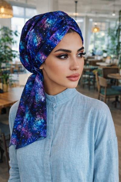 Gezegen Desenli Büzgülü Eşarp Bone