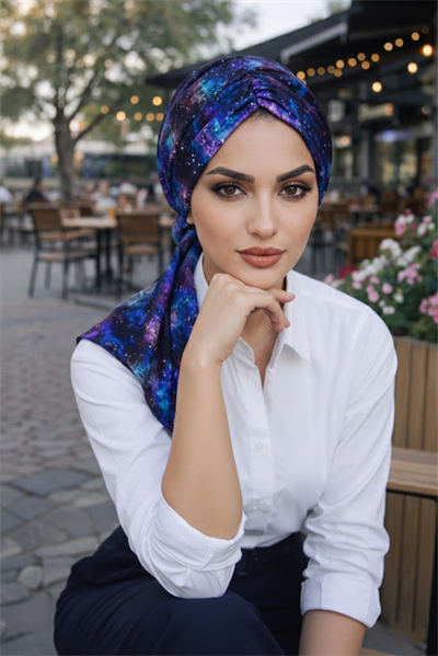 Gezegen Desenli Büzgülü Eşarp Bone