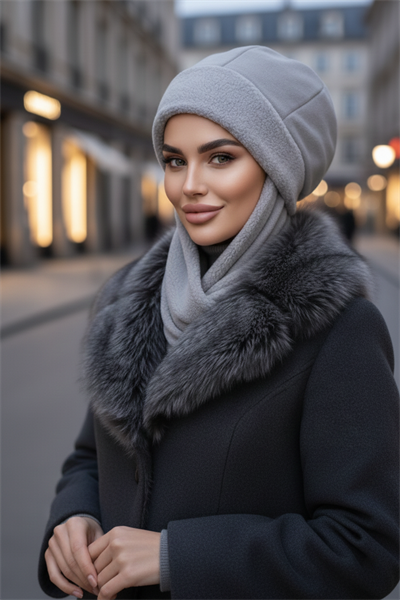 Gri Atkılı Bere Tesettür Bere / UZUN ATKILI