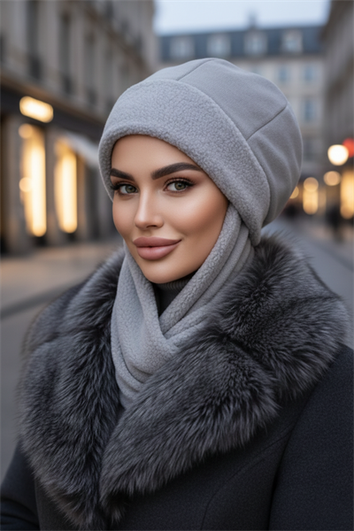 Gri Atkılı Bere Tesettür Bere / UZUN ATKILI