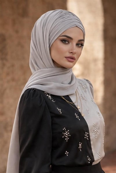 Gri Büzgülü Hazır Şal