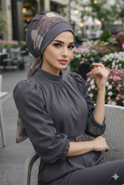 Gri Çiçek Desen Fularlı Bone