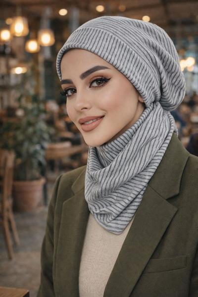 Gri Çizgi Tesettür Bere Bone ve Çıtçıtlı Etol Takım