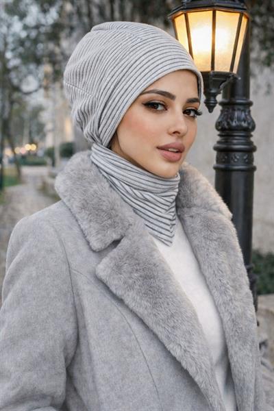 Gri Çizgi Tesettür Bere Bone ve Çıtçıtlı Etol Takım