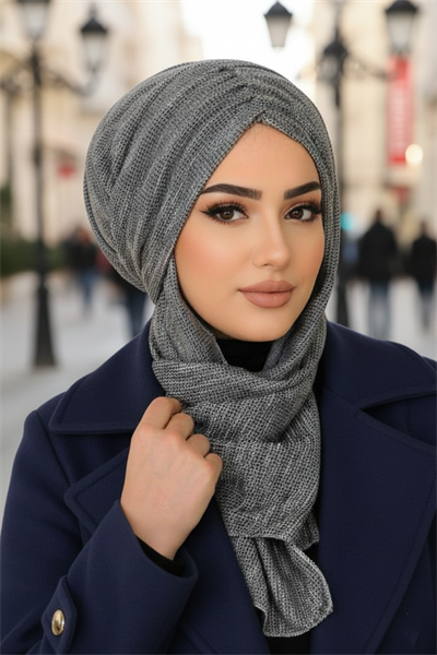 Gri Desen Kelebek Model Büzgülü Bone Şal