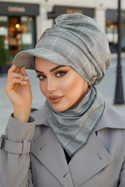 Gri Ekose Büzgülü Tesettür Şapka ve Etol Takım