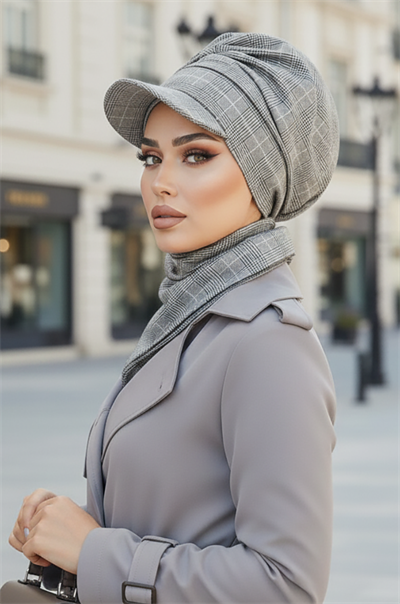 Gri Ekose Büzgülü Tesettür Şapka ve Etol Takım