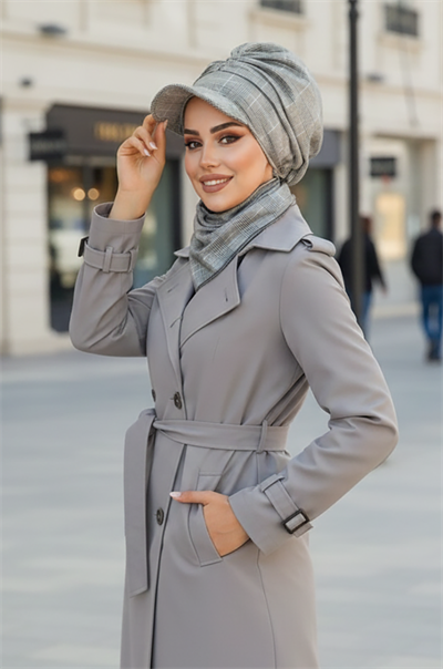 Gri Ekose Büzgülü Tesettür Şapka ve Etol Takım