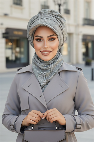 Gri Ekose Büzgülü Tesettür Şapka ve Etol Takım