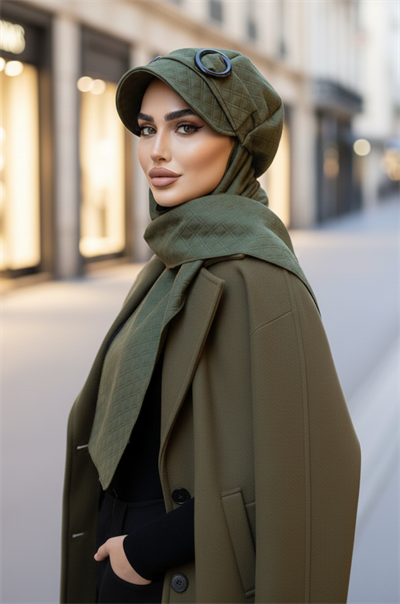 Haki Kapitone Tokalı Tesettür Şapka