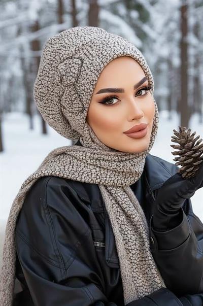 Gri Ekru Fiyonklu Tesettür Bere