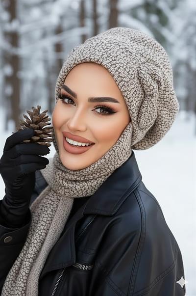 Gri Ekru Fiyonklu Tesettür Bere