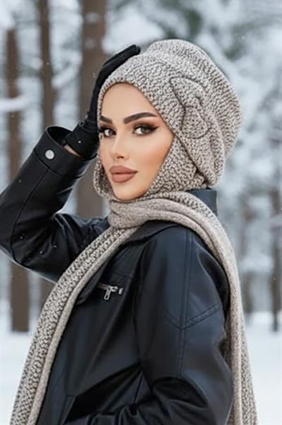 Gri Ekru Fiyonklu Tesettür Bere