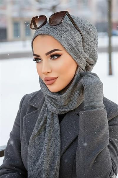Gri Fitilli İnce Triko Tesettür Bere