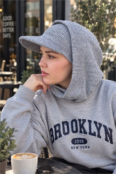 Gri Fitilli Kepli Bant Bone ve Kapüşon Takım