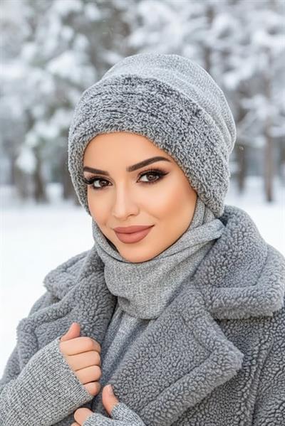 Gri Kürk Aksesuarlı Maskeli Tesettür Bere