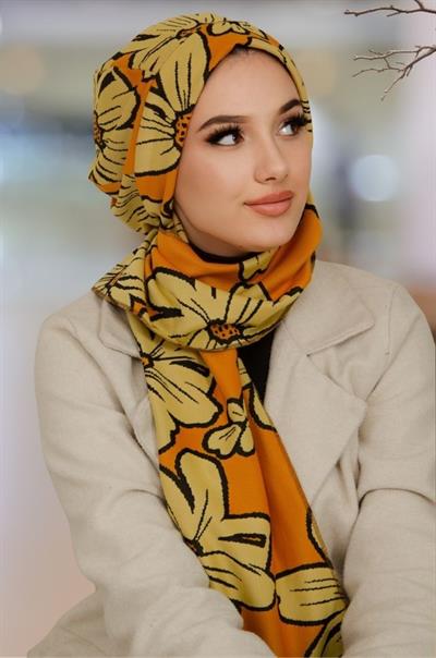 Turuncu Desenli Tesettür Bere