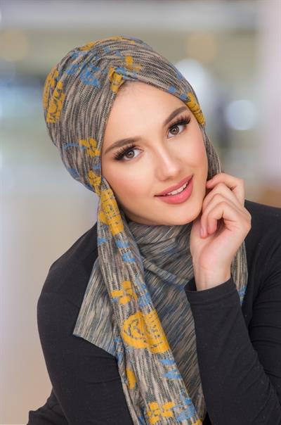 Gri Hardal Desen Kelebek Model Büzgülü Bone Şal