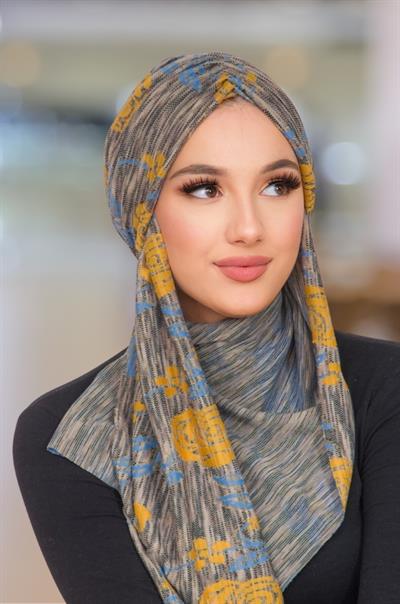 Gri Hardal Desen Kelebek Model Büzgülü Bone Şal