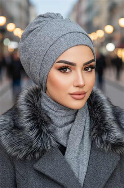 Gri Hazır Atkılı Tesettür Bone