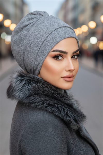 Gri Hazır Atkılı Tesettür Bone