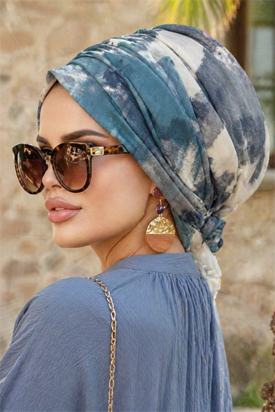 Gri İndigo Batik Desenli Tokalı Bone