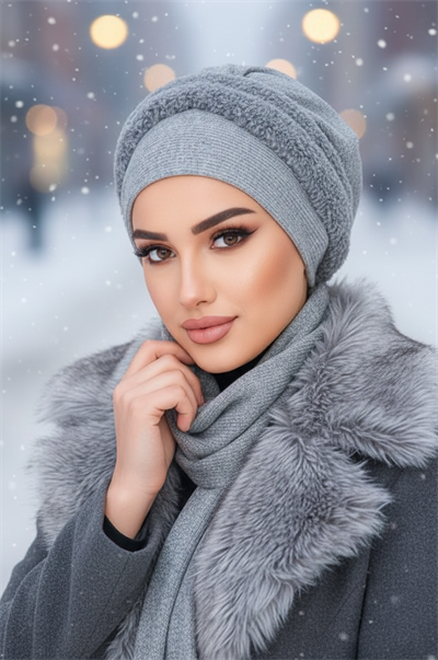 Gri Kürk Detaylı Atkılı Bone