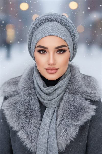 Gri Kürk Detaylı Atkılı Bone