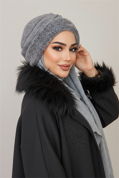 Gri Kürklü Kelebek Bone Şal